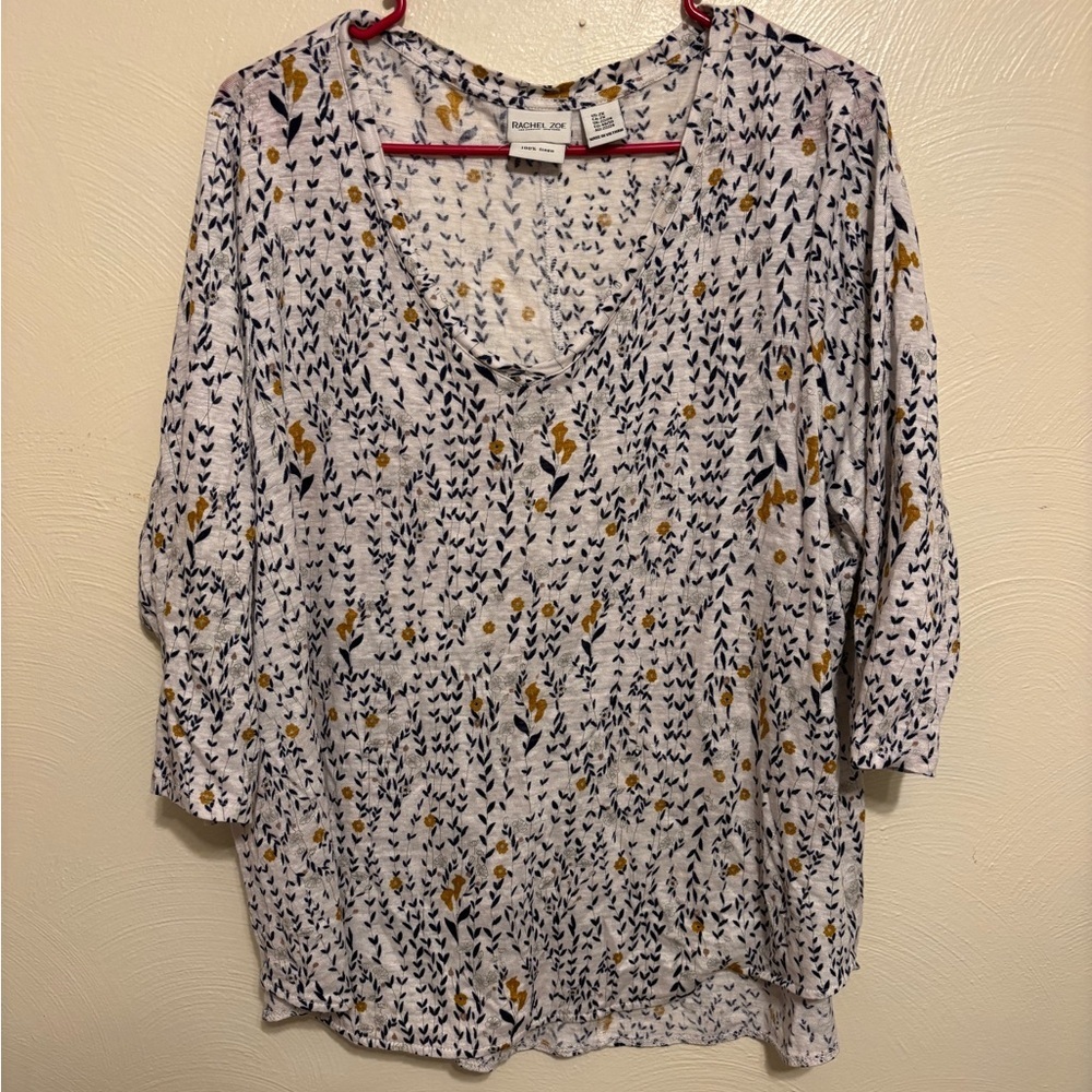 Rachel Zoe 2X Linen Floral Boho V-Neck Top 3/4 Sleeve